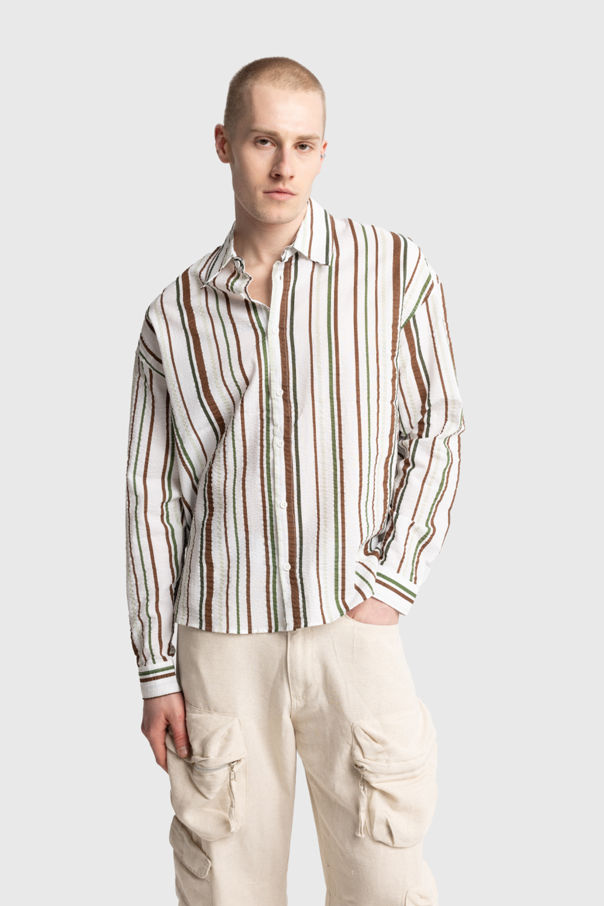 پیراهن  مردانه 100% پنبه سبز  راه راه Relaxed/ریلکس    Slim/اسلیم فیت Daily/روزانه | GIESTO GST2024089 TR - تصویر 5