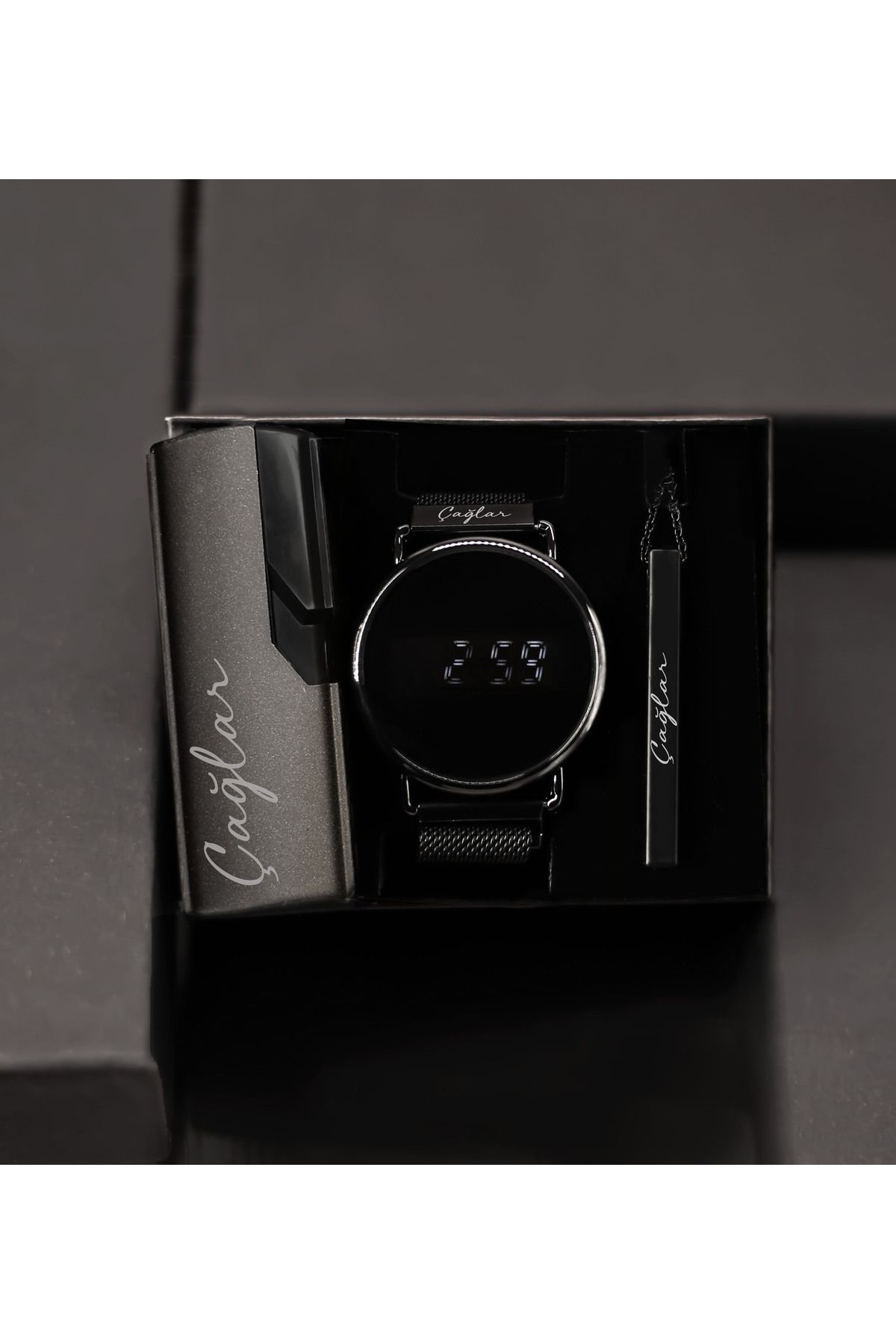 Personalized Digital Spectrum Men's Wristwatch Black Wicker Cord & Stick Necklace & Lighter Gift Set