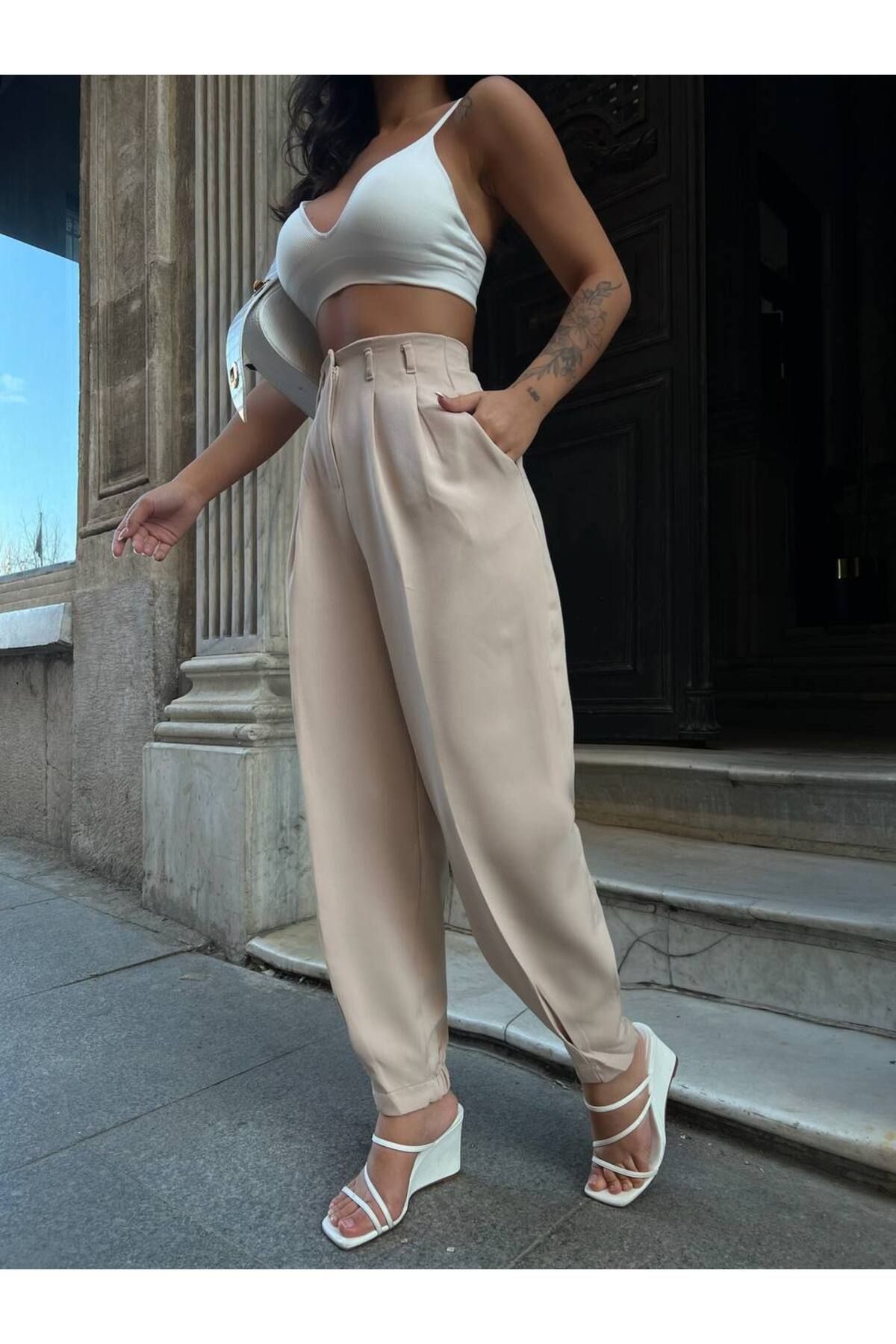 LB Laluna Butik-Pantaloni de damă bej tăiat morcov 2