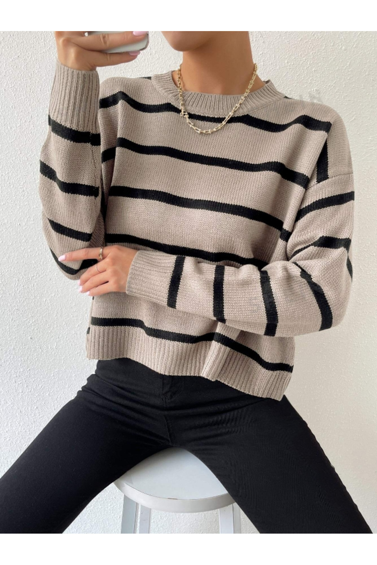 Women's White Oversize Striped Knitwear Sweater, Striped Sweater