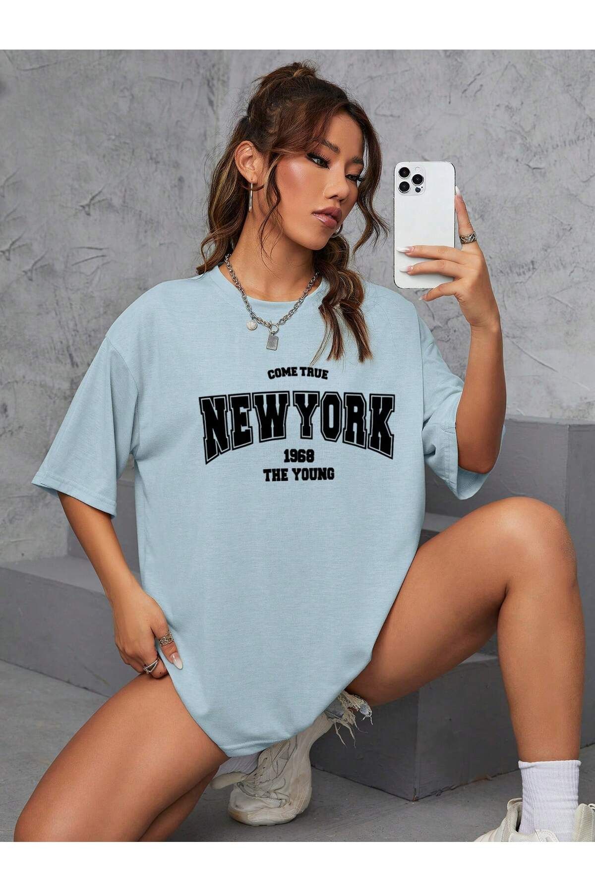 Yasolin-Unisex Women/Men's NEW YORK Special Printed Colorful Oversize Combed Cotton T-Shirt 1