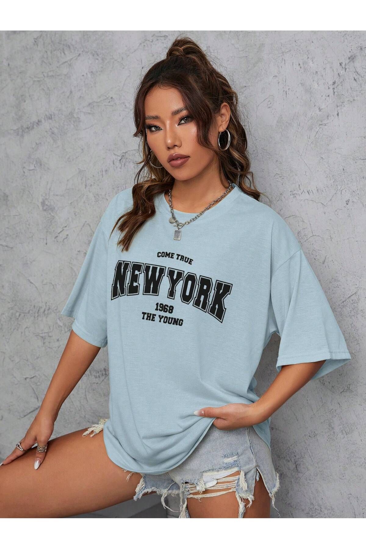 Yasolin-Unisex Women/Men's NEW YORK Special Printed Colorful Oversize Combed Cotton T-Shirt 4