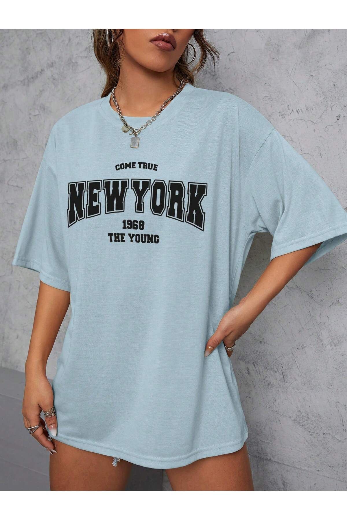 Yasolin-Unisex Women/Men's NEW YORK Special Printed Colorful Oversize Combed Cotton T-Shirt 3