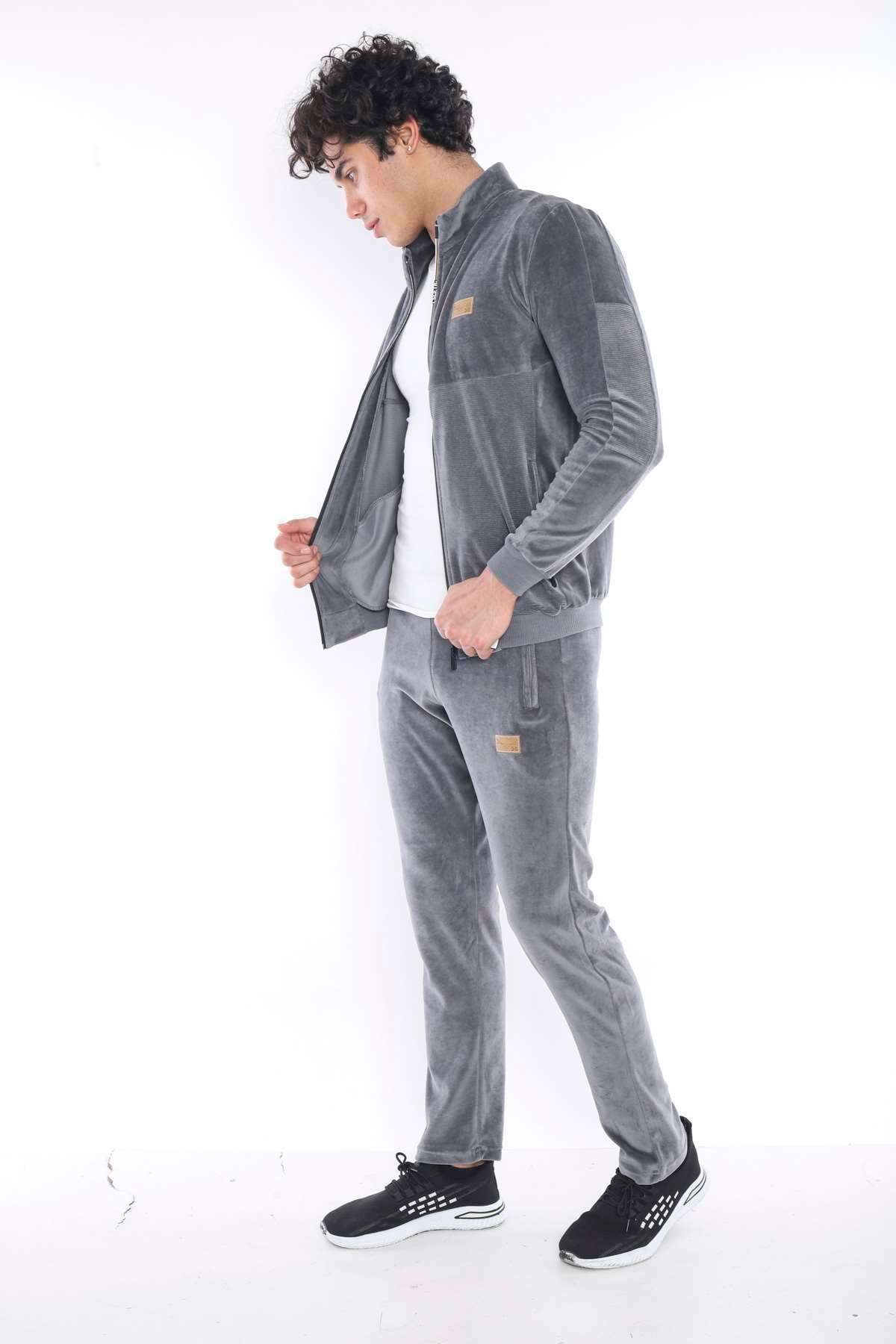 ست گرمکن ورزشی مردانه GREY SLIMFIT 4 POCKET VELVET SEASON TRACKSUIT TEAM 6637 Escetic