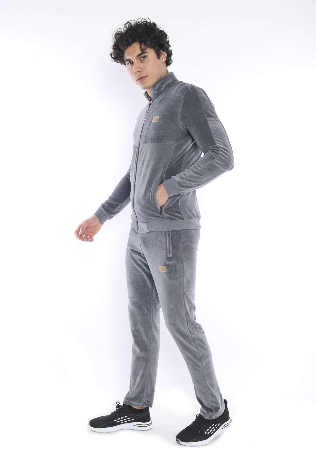 ست گرمکن ورزشی مردانه GREY SLIMFIT 4 POCKET VELVET SEASON TRACKSUIT TEAM 6637 Escetic