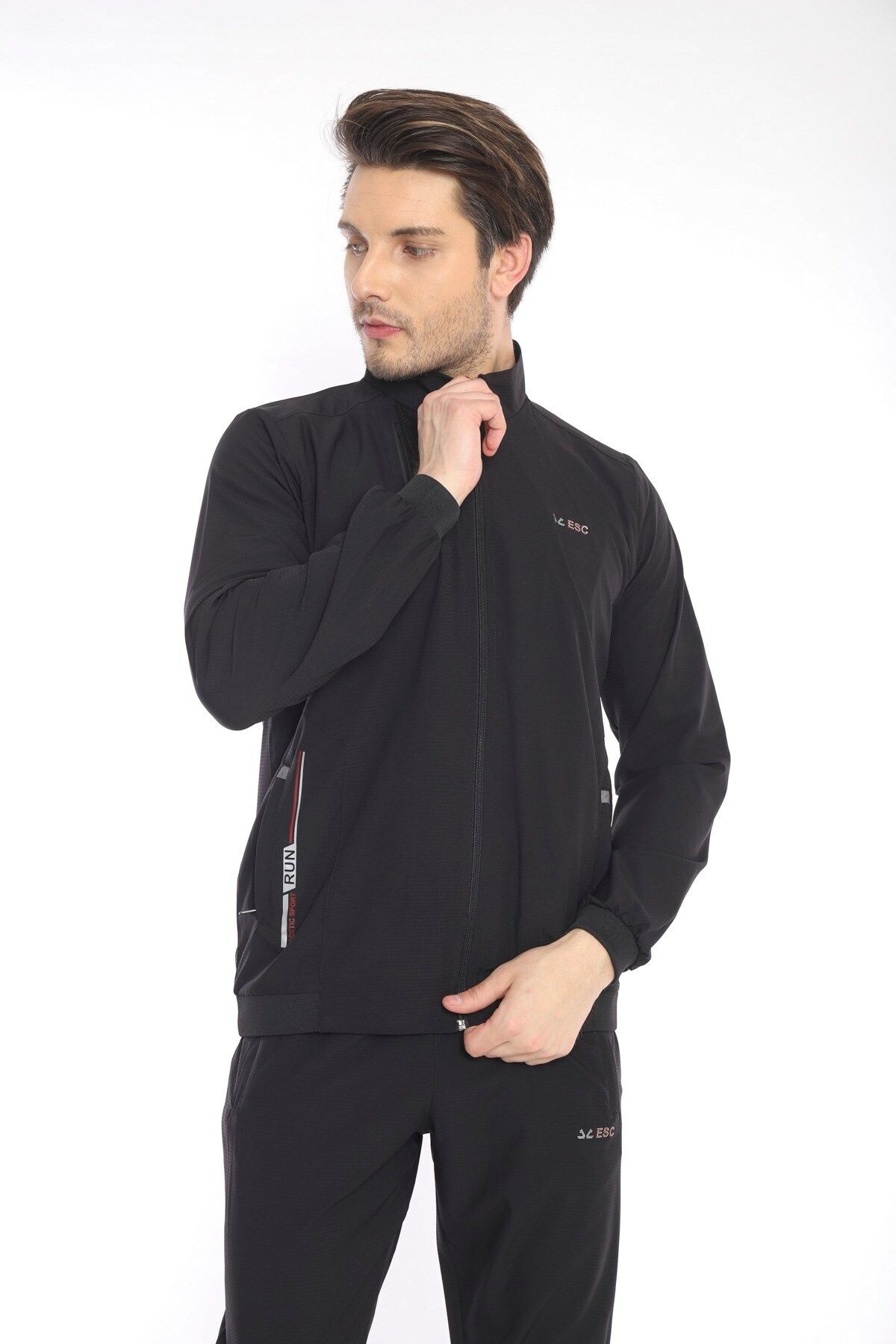 ست گرمکن ورزشی مردانه ورزش یقه بلند سیاه و سفید LYCRA BREATHING 4 POCKET SUMMER SLIMFIT TRACKSUIT TEAM 6784 Escetic