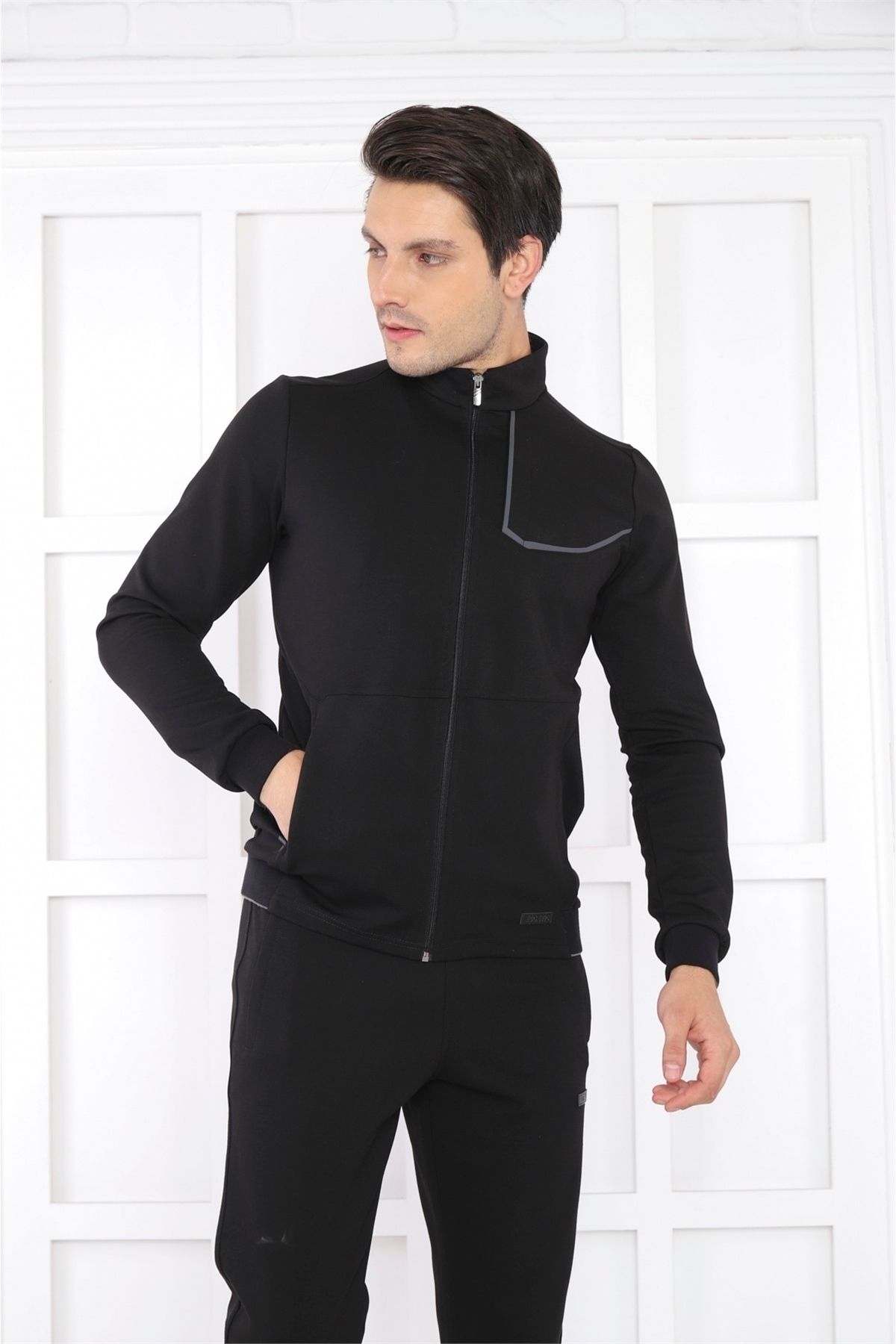 ست گرمکن ورزشی مردانه یقه عمودی سیاه پوست 4 فصل تنفس پنبه ورزش SLIMFIT TEAM 6793 Escetic