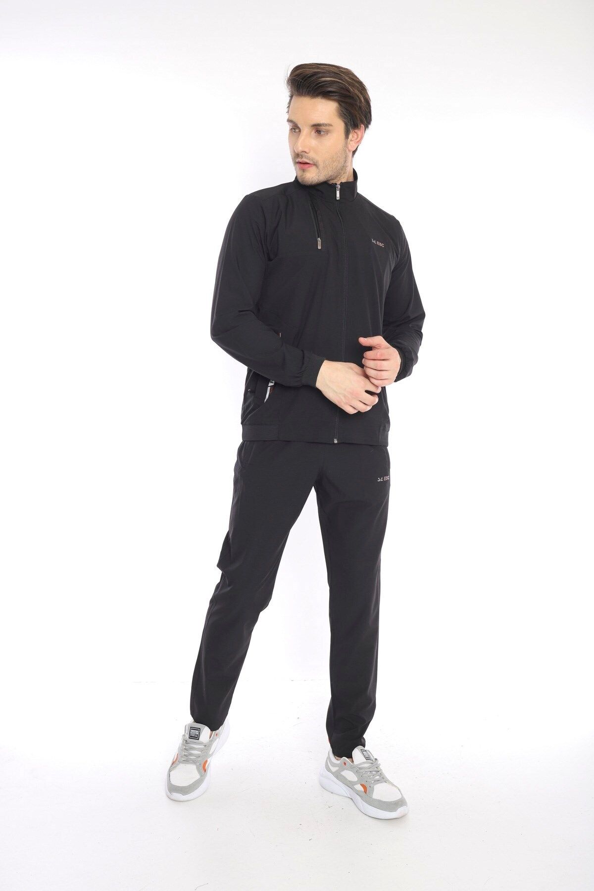 ست گرمکن ورزشی مردانه ورزش یقه بلند سیاه و سفید LYCRA BREATHING 4 POCKET SUMMER SLIMFIT TRACKSUIT TEAM 6784 Escetic