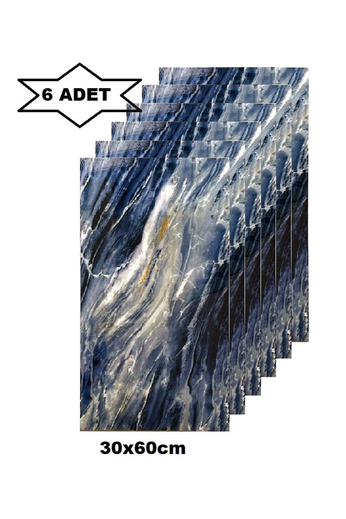 6 Adet 60x30cm Mavi Okyanus Mermer Desen Yapışkanlı Karavan Banyo Wc Duvar Kaplama Paneli Shiny-6