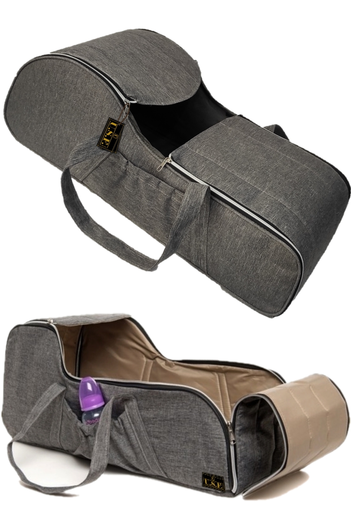 USF Portbebe Ana Kucağı Puset Bebek Taşıma Anne Bebek Bakım Çantası Ikili Set Çizgili Gri-mor fotoğrafı 5 (önizleme)