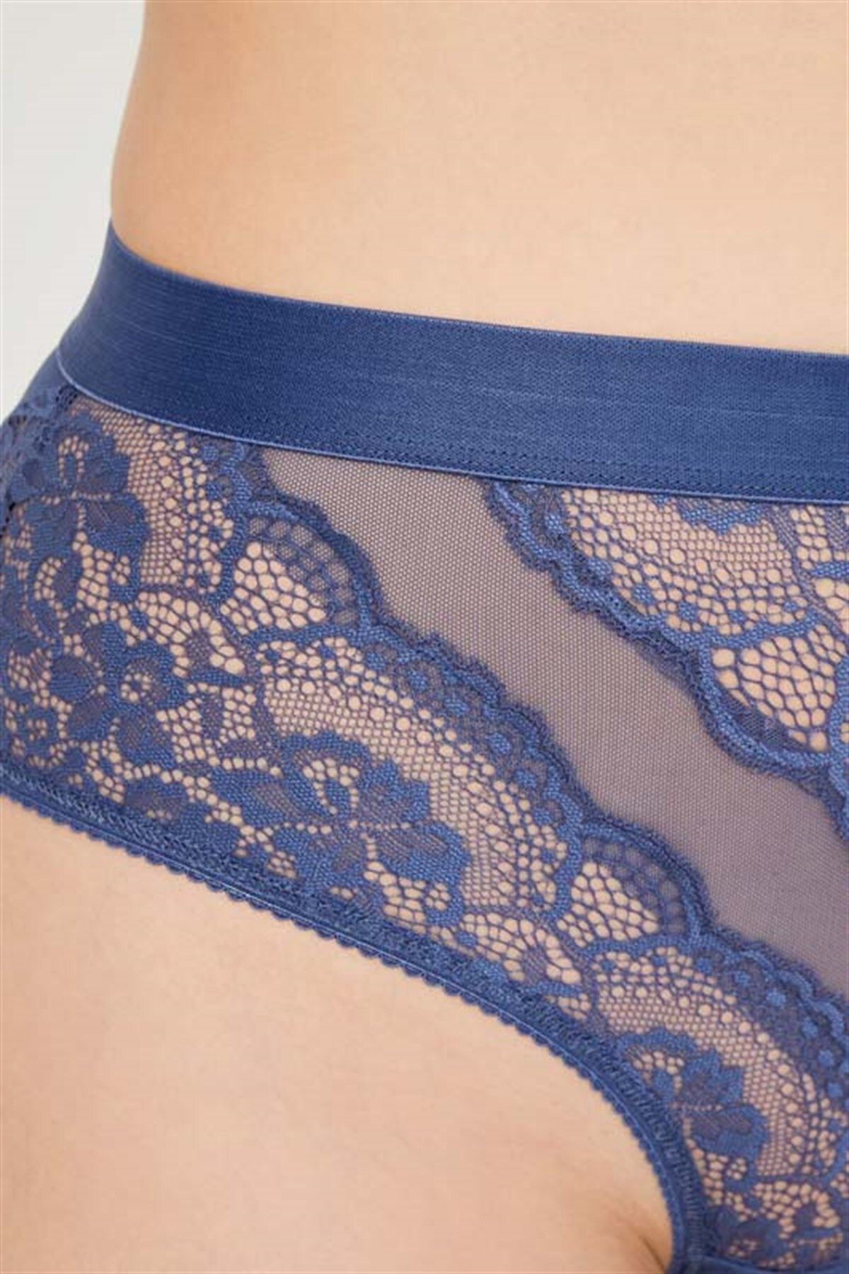 Cottonhill Navy Blue Lace Detailed Transparent Large Size Bikini Panties -  Trendyol