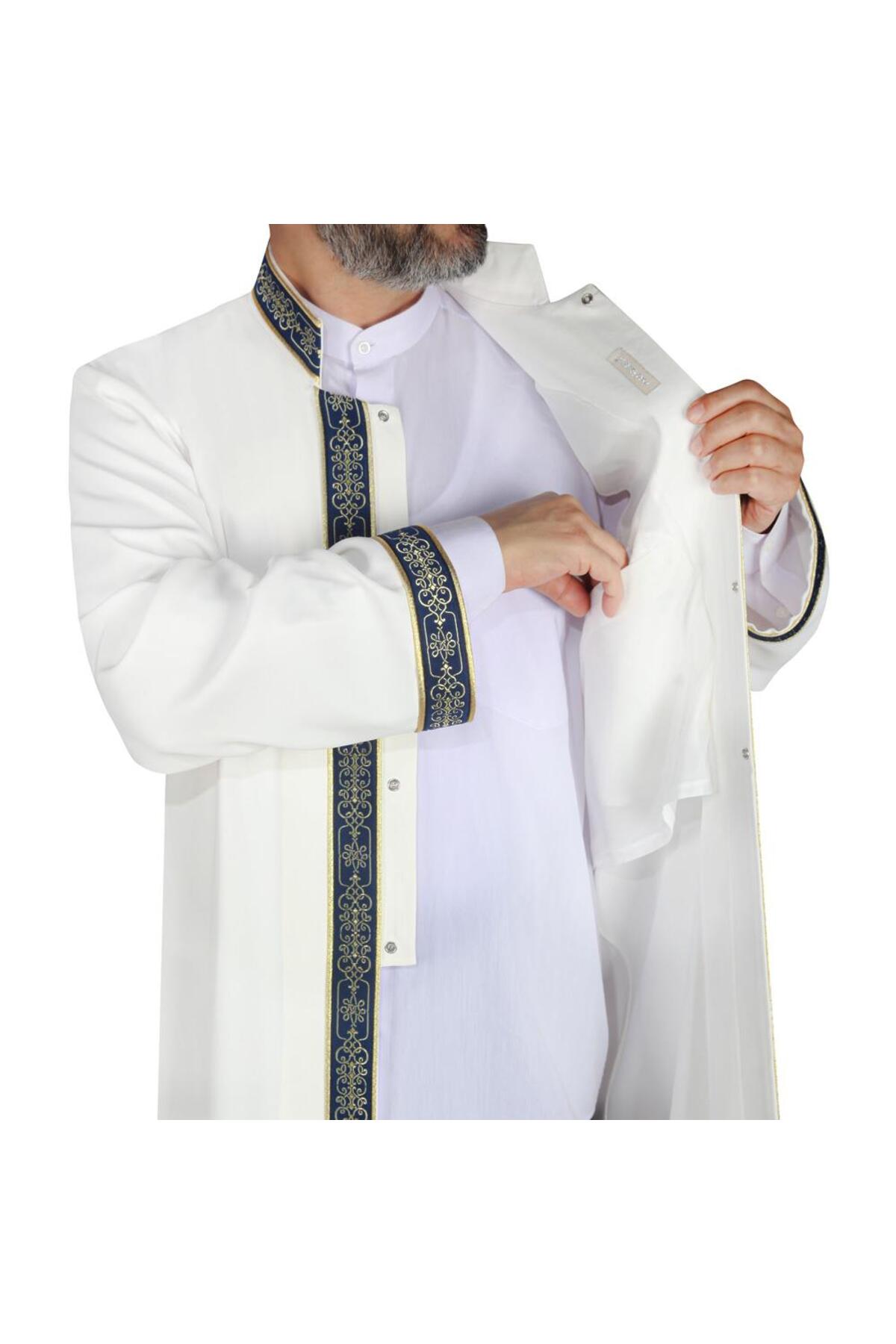 Akıncı Tekstil İmam Cübbesi Kemik - Rengi Lacivert Biyeli Bordürlü