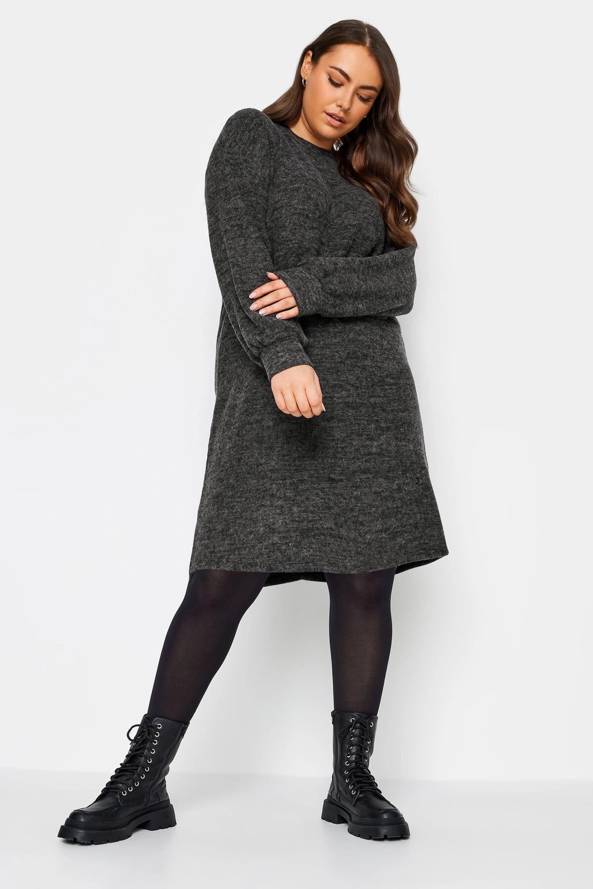 plus size crew neck long sleeve soft textured dress 321598