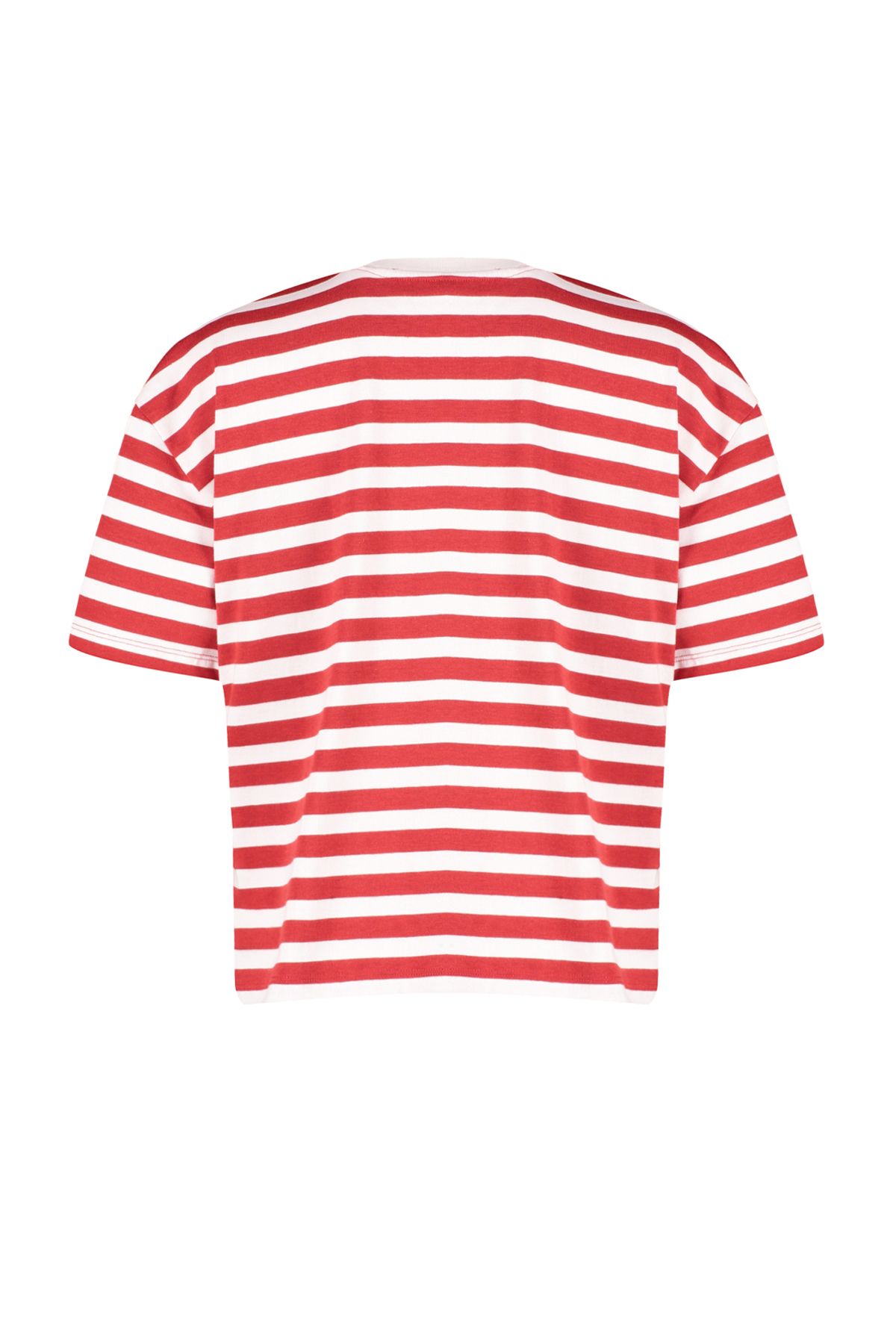 Trendyol Collection-Red Striped 100% Cotton Asymmetrical Loose/Relaxed Cut Knitted T-Shirt TWOSS24TS00058 11