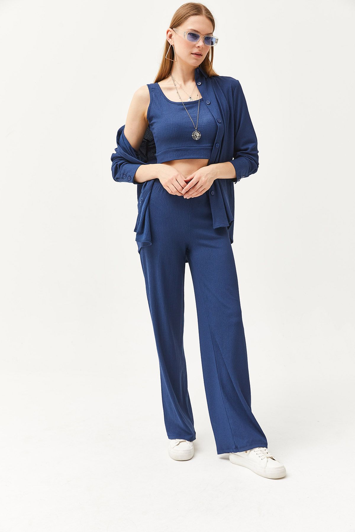 Olalook-Damen Indigo Hemdbluse Hose 3-teiliges Set TKM-19000270 6