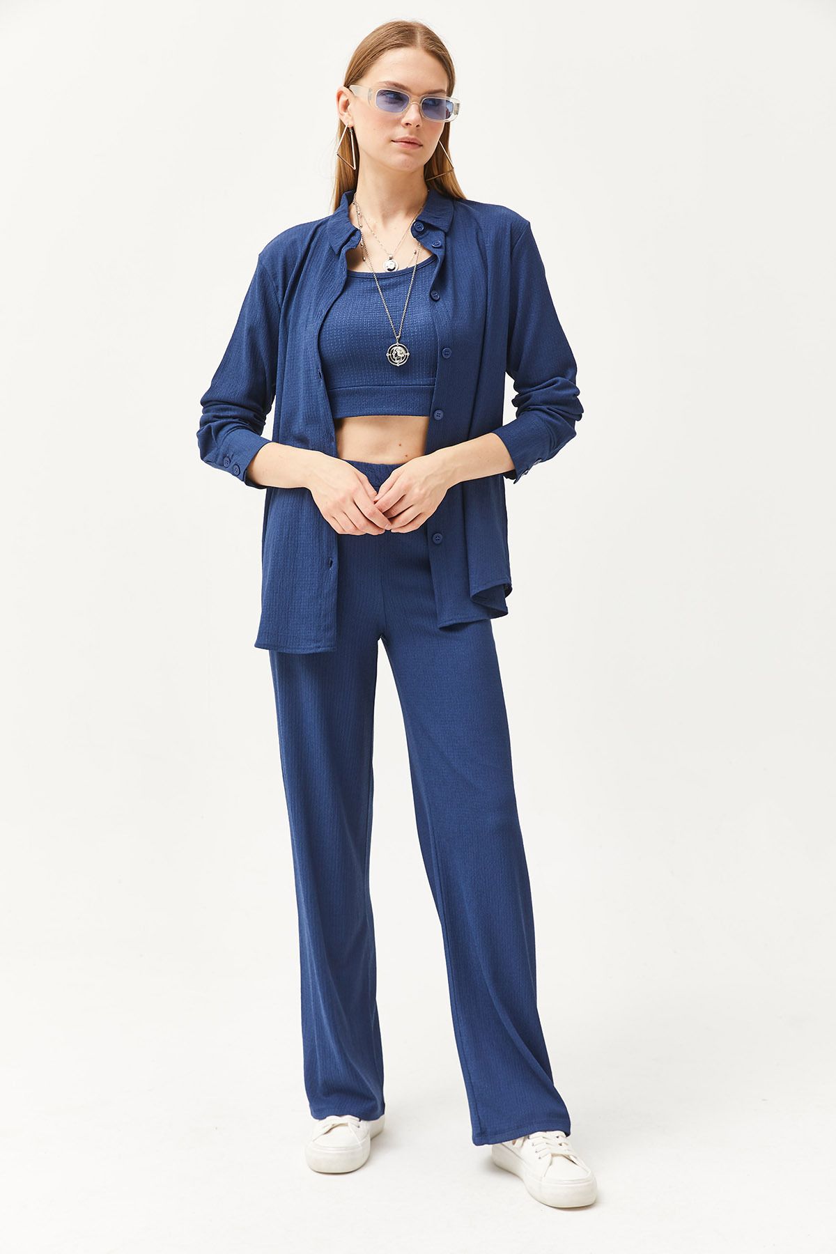 Olalook-Damen Indigo Hemdbluse Hose 3-teiliges Set TKM-19000270 4