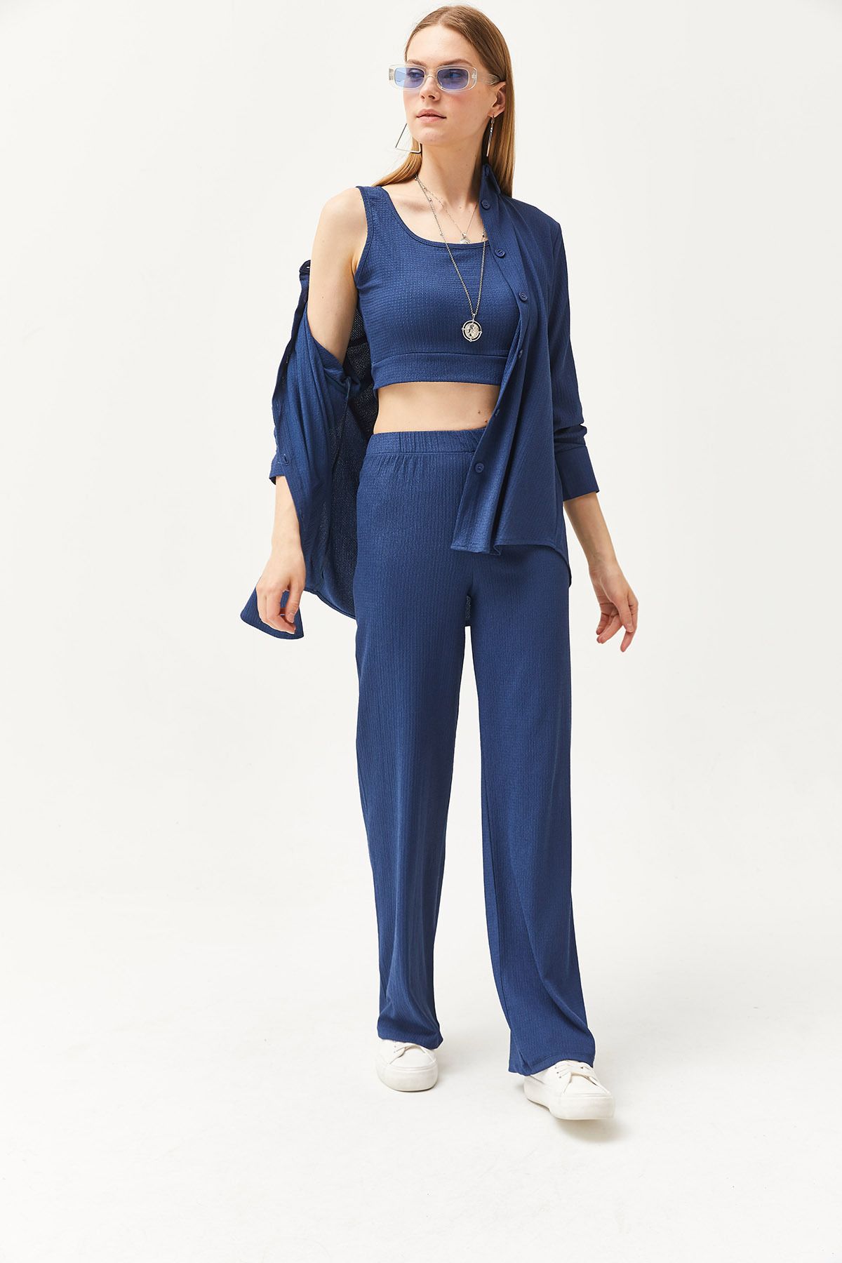 Olalook-Damen Indigo Hemdbluse Hose 3-teiliges Set TKM-19000270 5