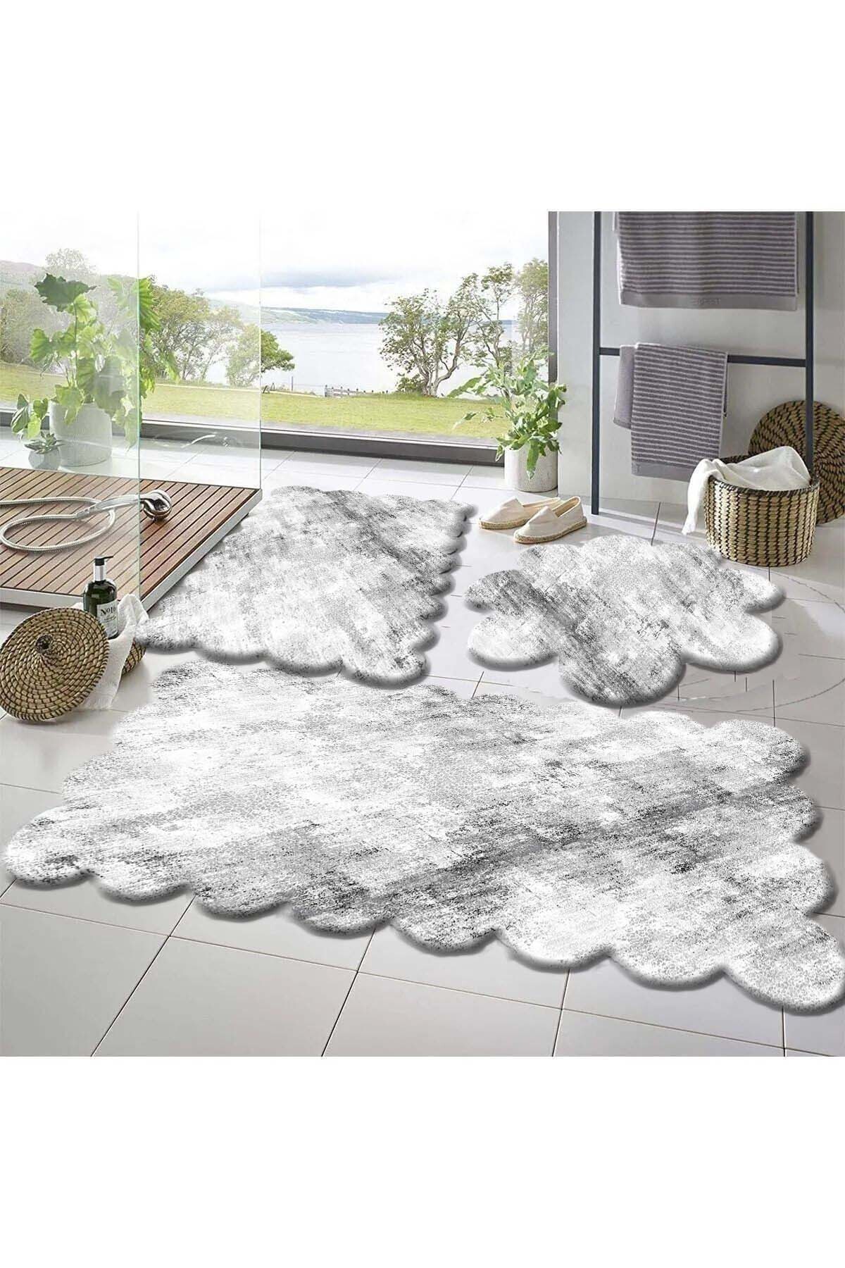 3-Piece Set Non-Slip Floor Bath Mat Carpet 50x50 (round daisy ) --50x60 (LASER) - -60x100 (LASER)