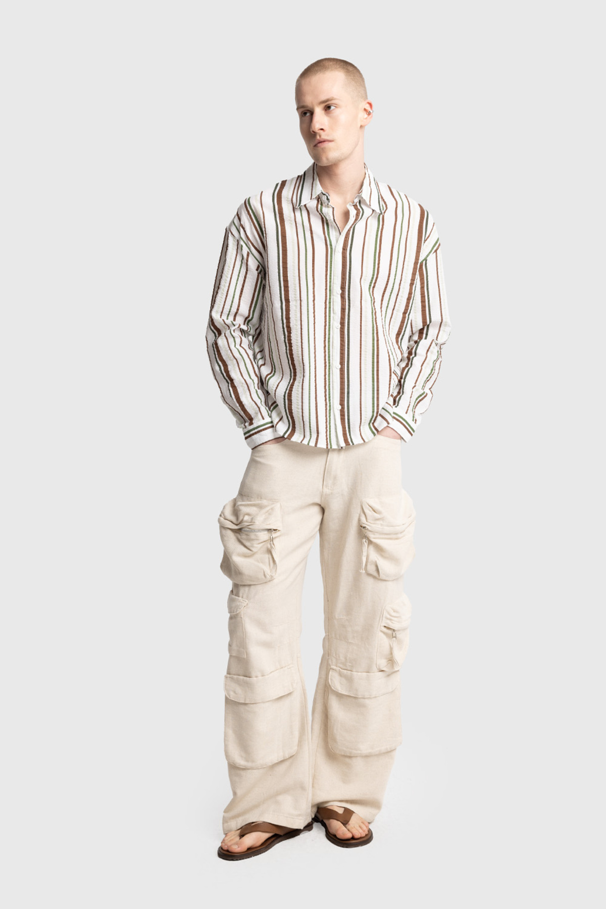 پیراهن  مردانه 100% پنبه سبز  راه راه Relaxed/ریلکس    Slim/اسلیم فیت Daily/روزانه | GIESTO GST2024089 TR - تصویر 3