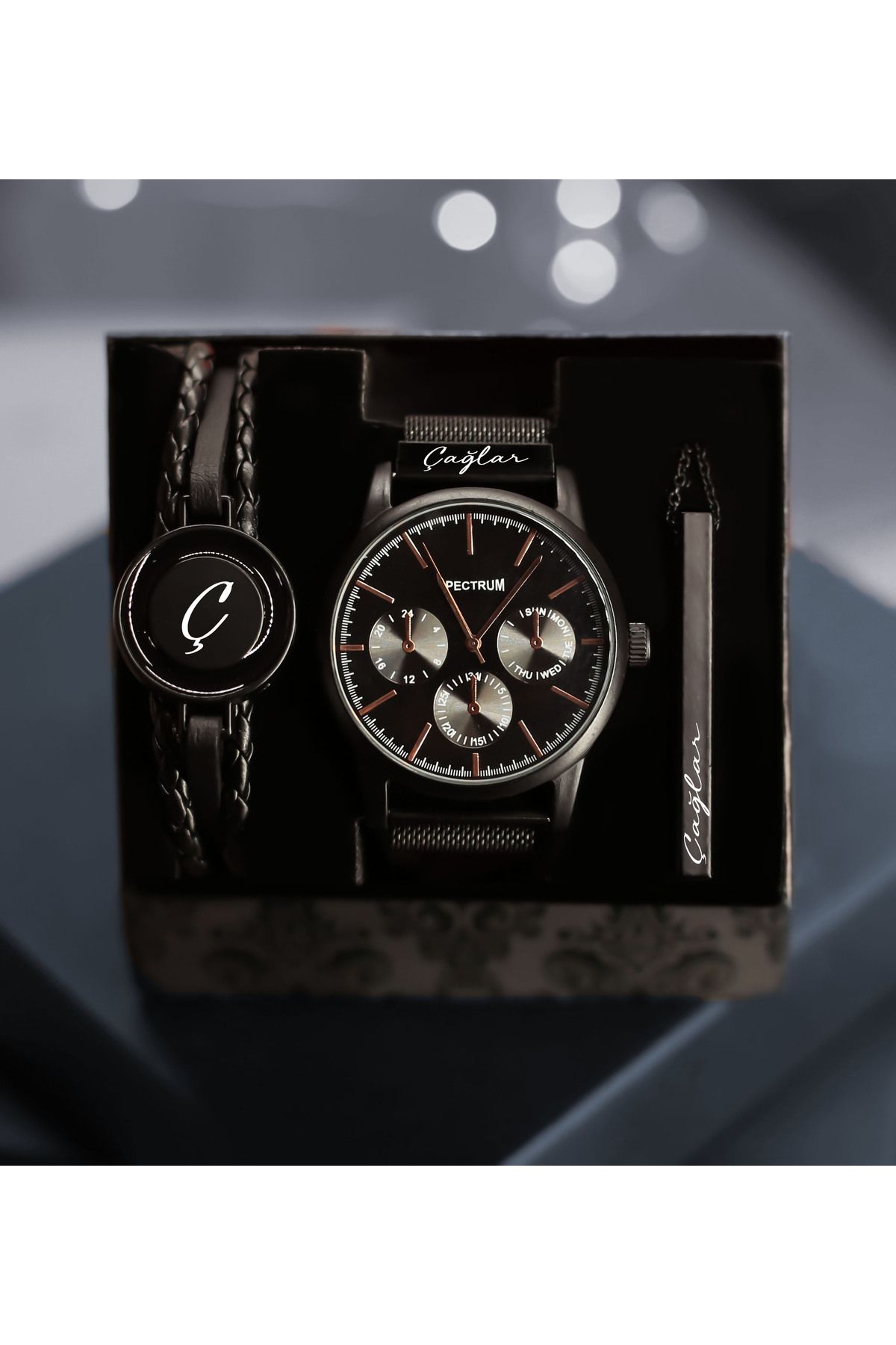 Personalized Spectrum Men's Wristwatch Black Wicker Cord & Letter Bracelet & Bar Necklace Gift Set