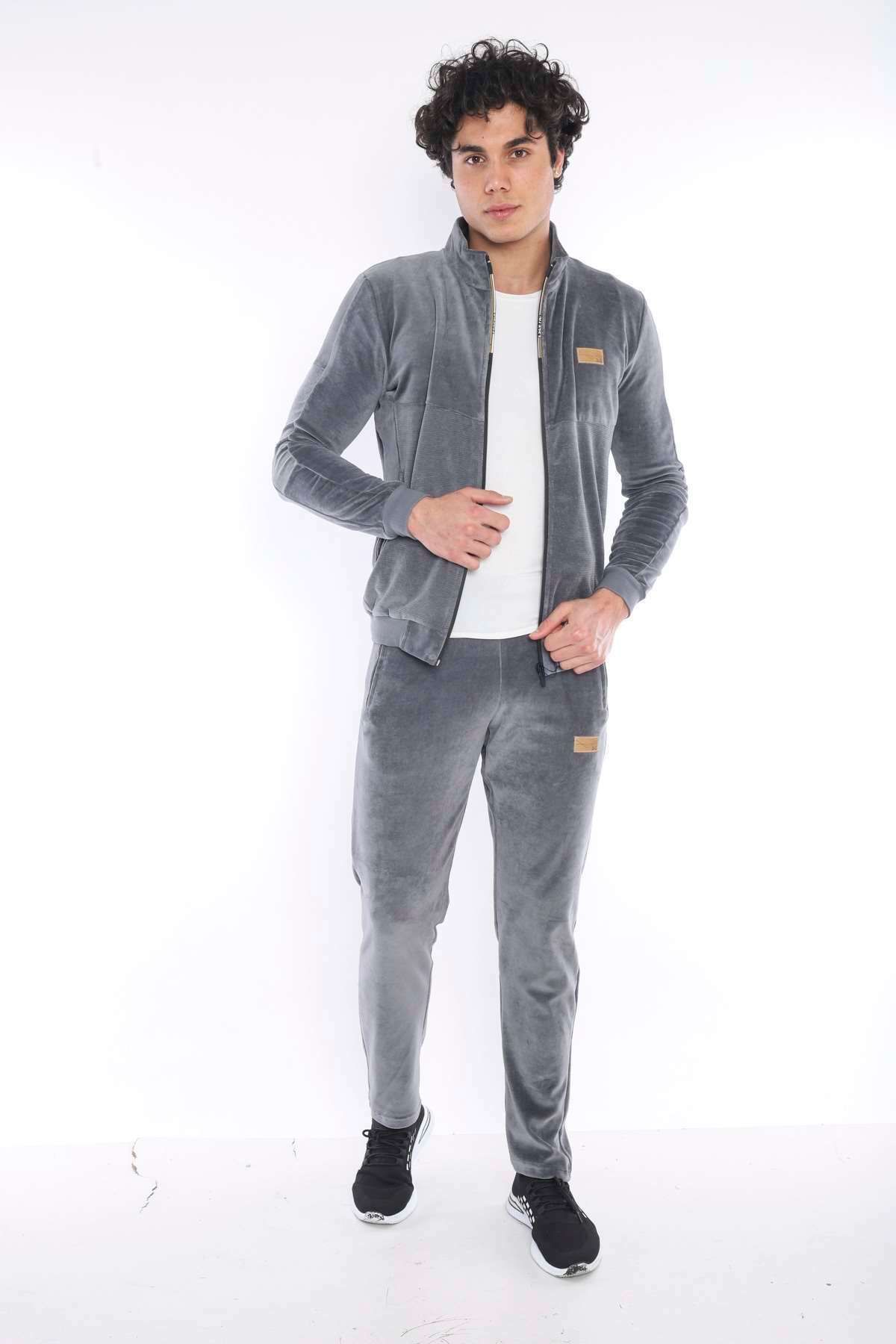 ست گرمکن ورزشی مردانه GREY SLIMFIT 4 POCKET VELVET SEASON TRACKSUIT TEAM 6637 Escetic