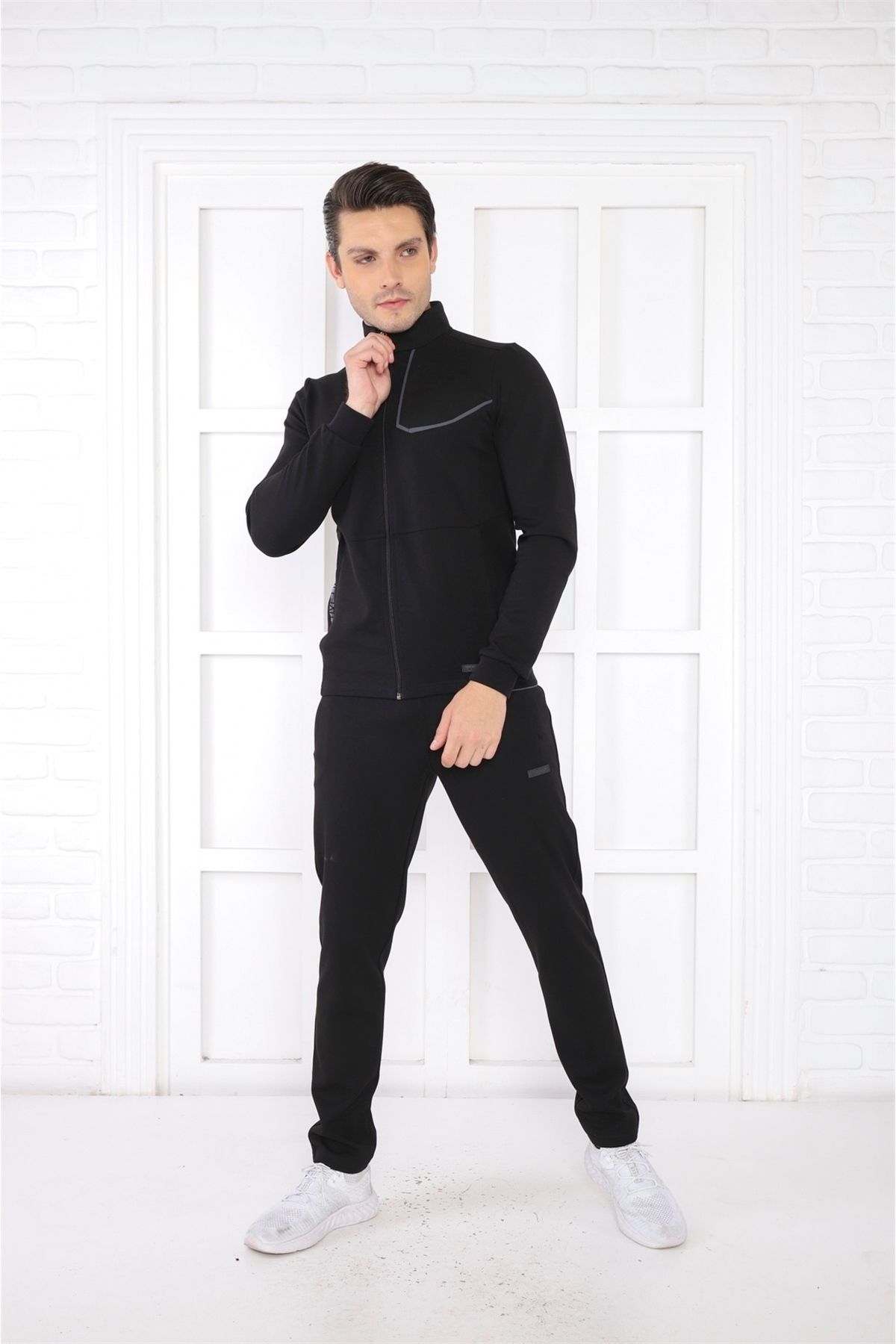 ست گرمکن ورزشی مردانه یقه عمودی سیاه پوست 4 فصل تنفس پنبه ورزش SLIMFIT TEAM 6793 Escetic