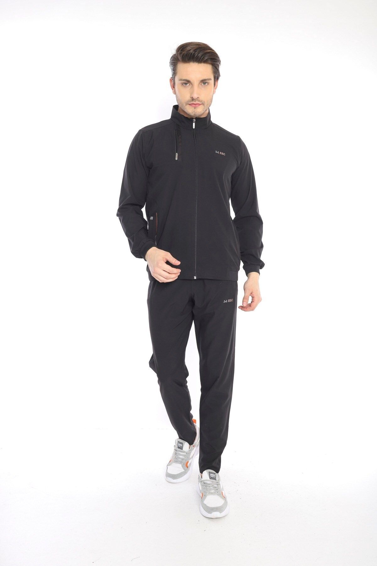 ست گرمکن ورزشی مردانه ورزش یقه بلند سیاه و سفید LYCRA BREATHING 4 POCKET SUMMER SLIMFIT TRACKSUIT TEAM 6784 Escetic
