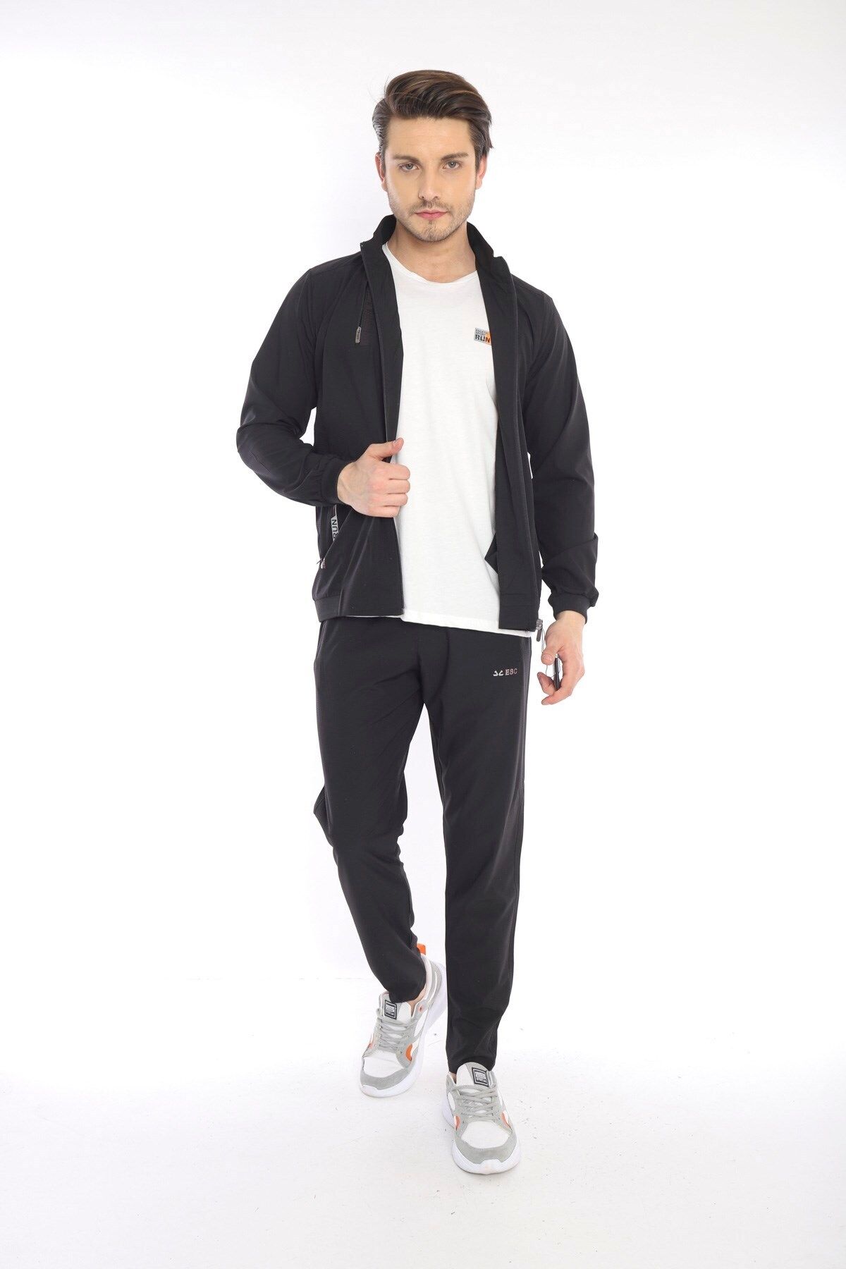 ست گرمکن ورزشی مردانه ورزش یقه بلند سیاه و سفید LYCRA BREATHING 4 POCKET SUMMER SLIMFIT TRACKSUIT TEAM 6784 Escetic