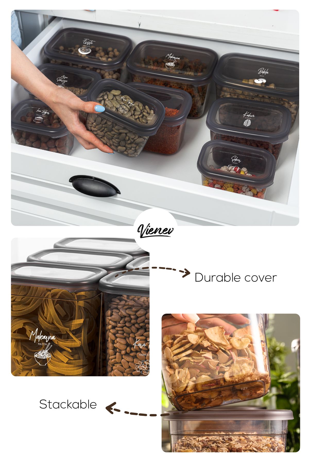 Vienev-Peggy Set of 25 Rectangular Storage Containers 5X(1.9 1.5 1.15 0.8 0.4 Liter) with Screen Printing Label 5