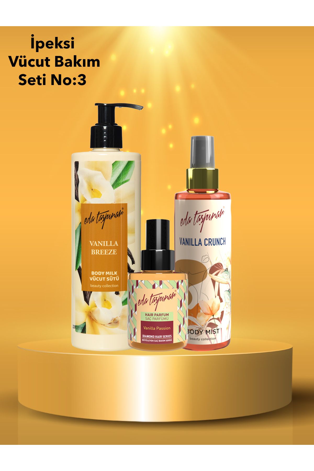 ست مراقبت از بدن ابریشمی شماره 3: Vanilla Hair P Vanilla Body Mist Vanilla Body S (EGX82-EGX62-EGX84) Eda Taşpınar