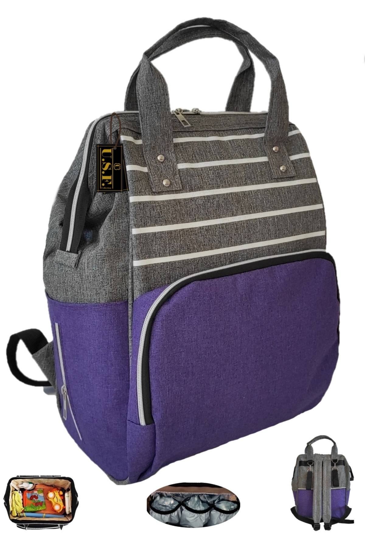 USF Portbebe Ana Kucağı Puset Bebek Taşıma Anne Bebek Bakım Çantası Ikili Set Çizgili Gri-mor fotoğrafı 4 (önizleme)