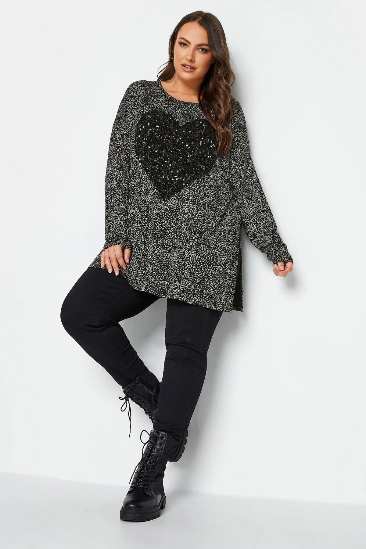 Stil Diva-Plus Size Slit Detailed Polka Dot Sequined Long Sleeve Crew Neck Blouse302497 4