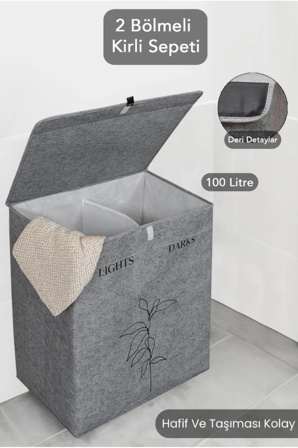 Felt Leather 2 Compartment Laundry Dirty Basket Multipurpose Folding Toy Storage Loop Grey 53x33x60 Cm