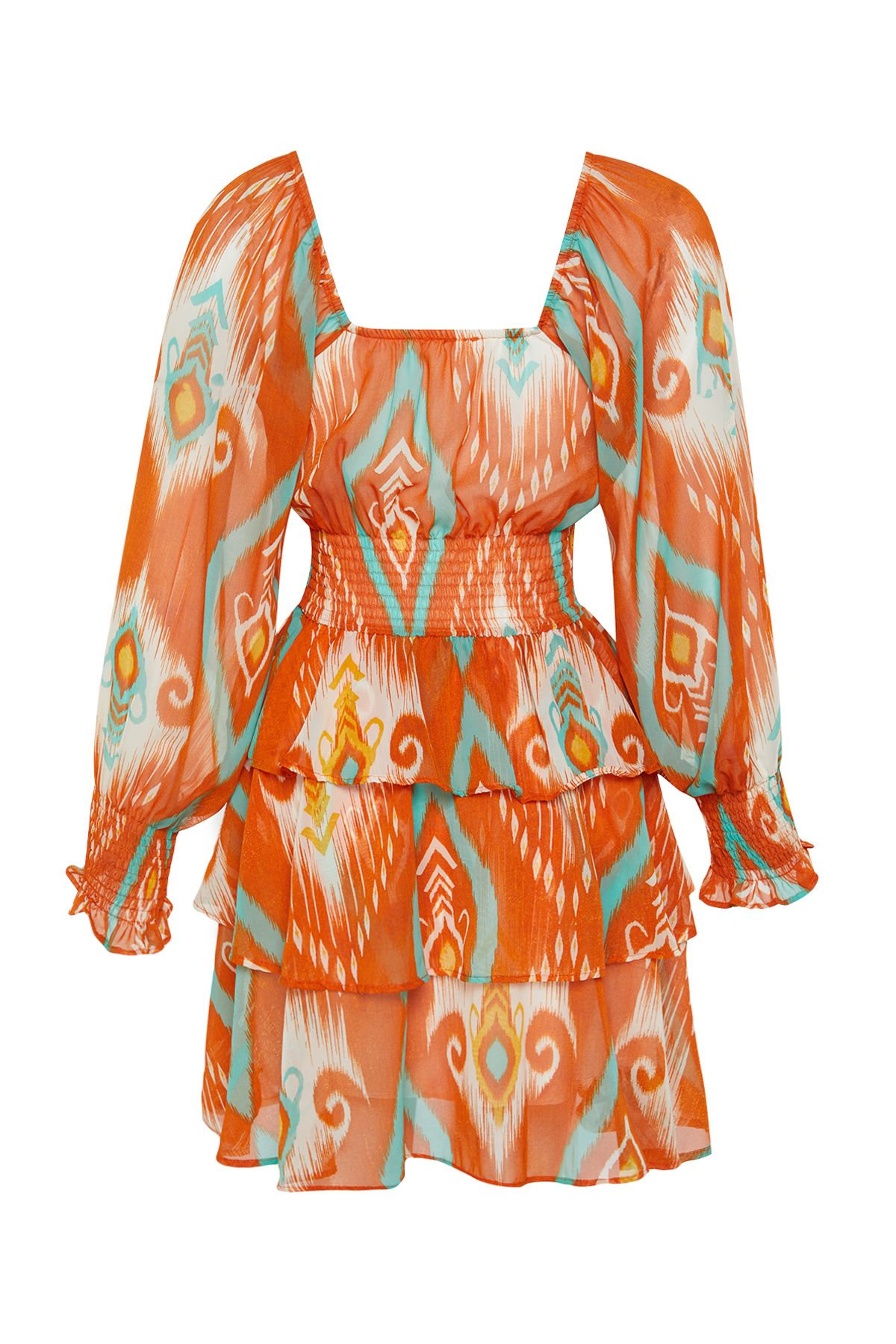 Trendyol Collection-Orange Floral Skater Mini Dress Carmen Collar Chiffon Lined 8