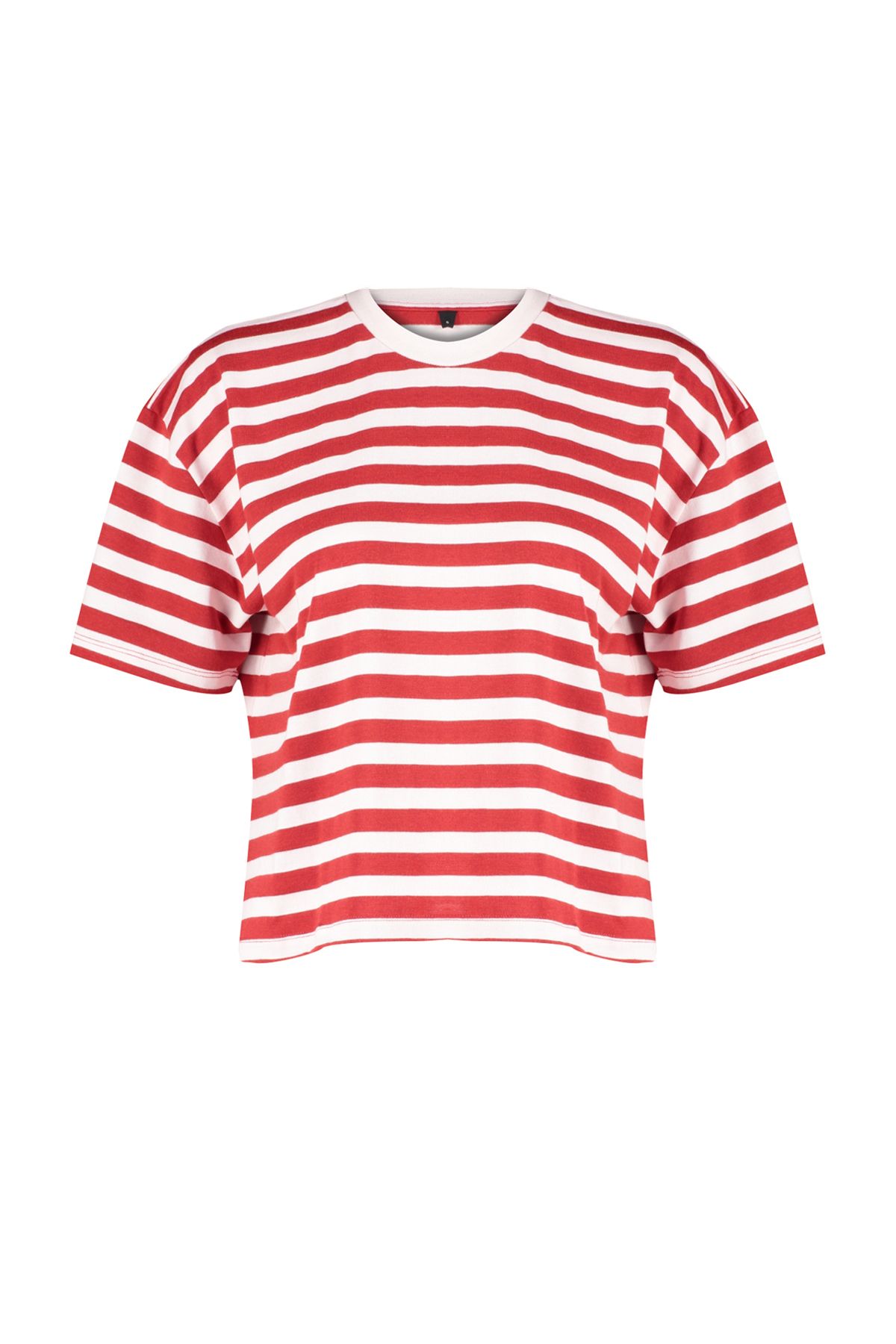 Trendyol Collection-Red Striped 100% Cotton Asymmetrical Loose/Relaxed Cut Knitted T-Shirt TWOSS24TS00058 10