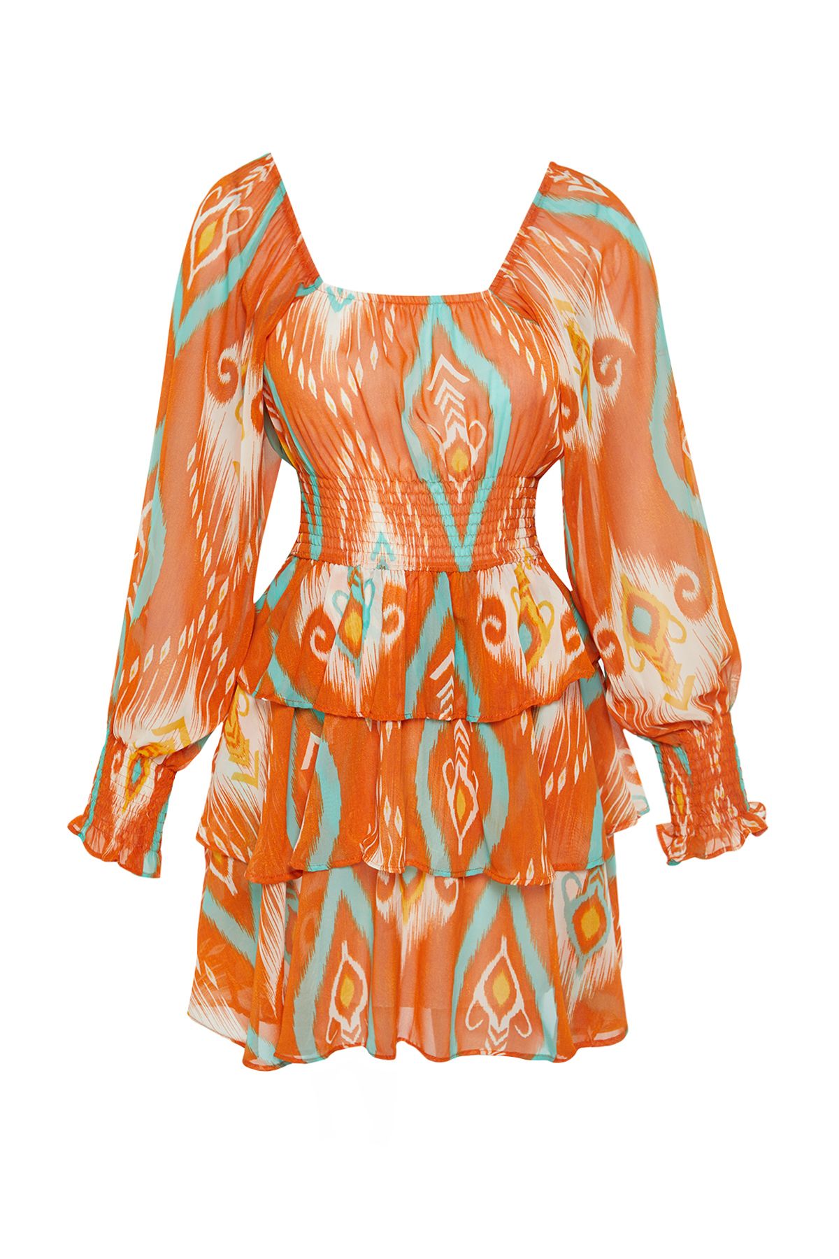 Trendyol Collection-Orange Floral Skater Mini Dress Carmen Collar Chiffon Lined 9