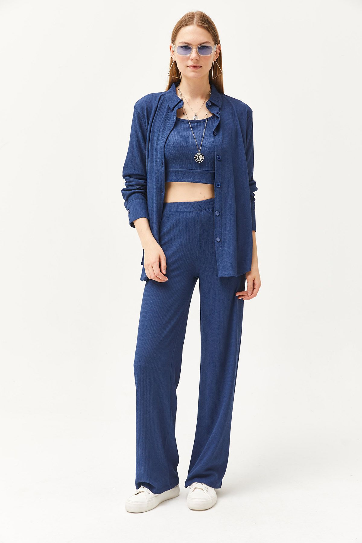 Olalook-Damen Indigo Hemdbluse Hose 3-teiliges Set TKM-19000270 3