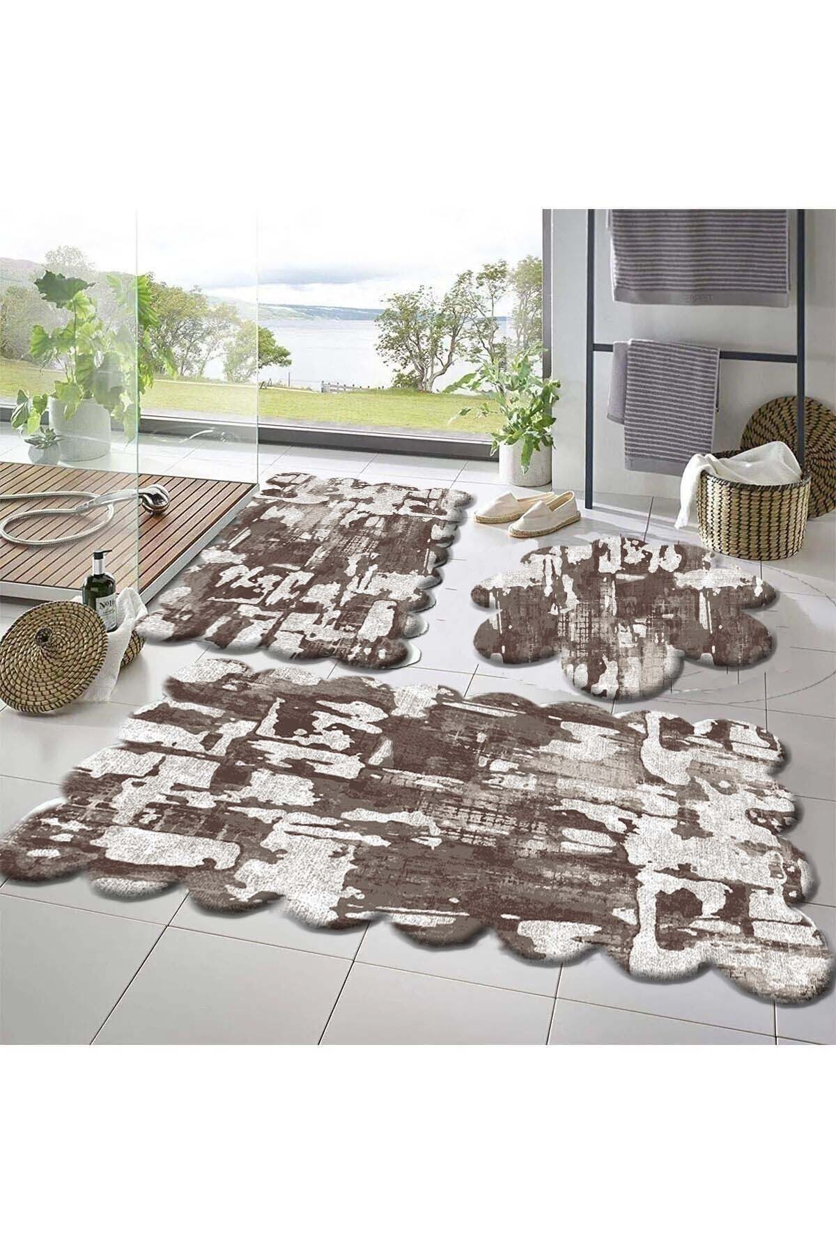 3-Piece Set Non-Slip Floor Bath Mat Carpet 50x50 (round daisy ) --50x60 (LASER) - -60x100 (LASER)