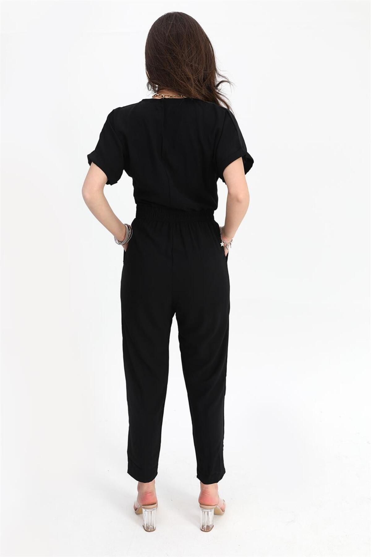 Biriz Moda Jumpsuit with Elastic Waist and Low cut Back V Neck