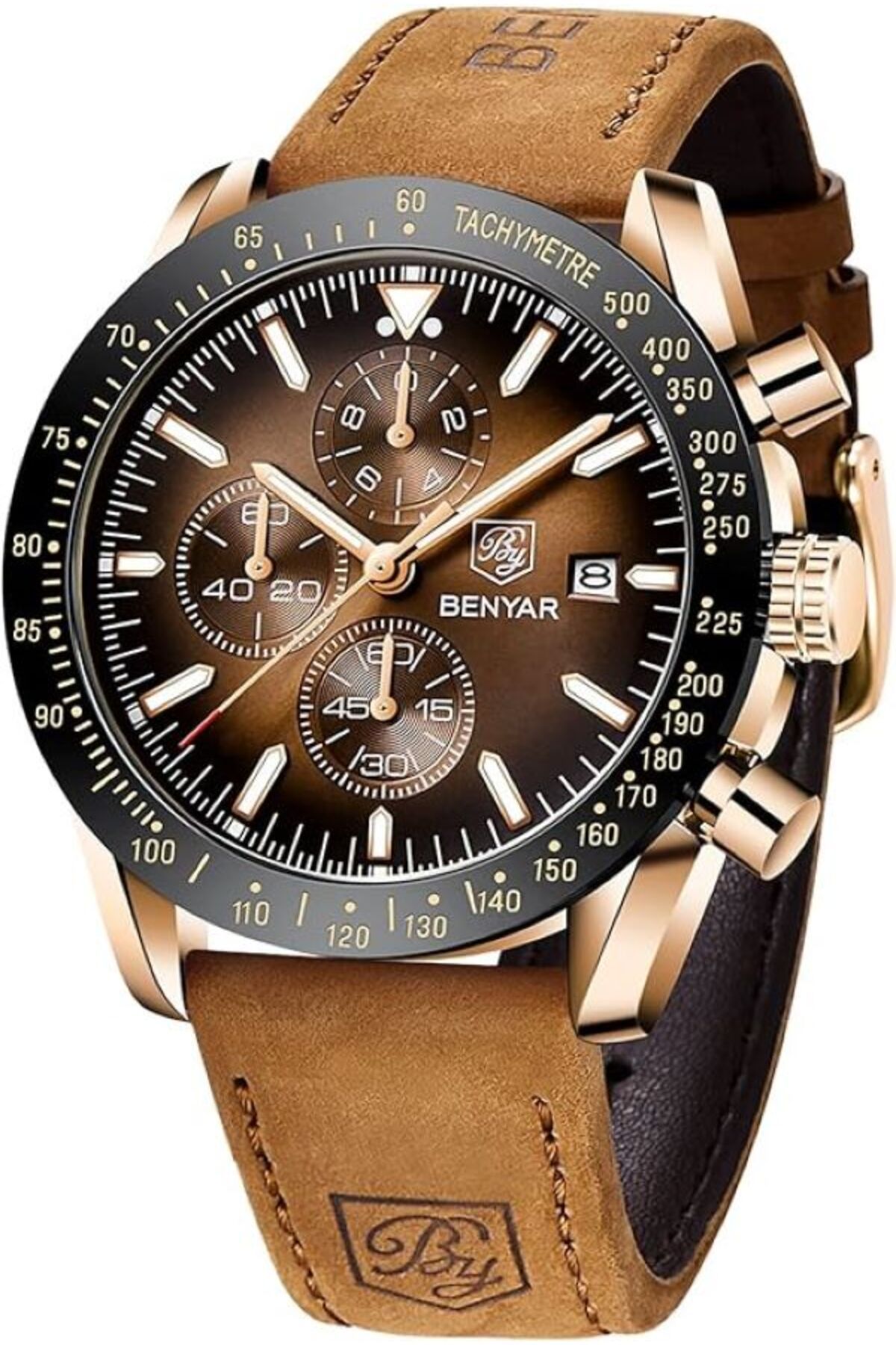 Benyar Men s Analog Quartz Chronograph Watch Genuine Leather Premium Quality 30M Waterproof