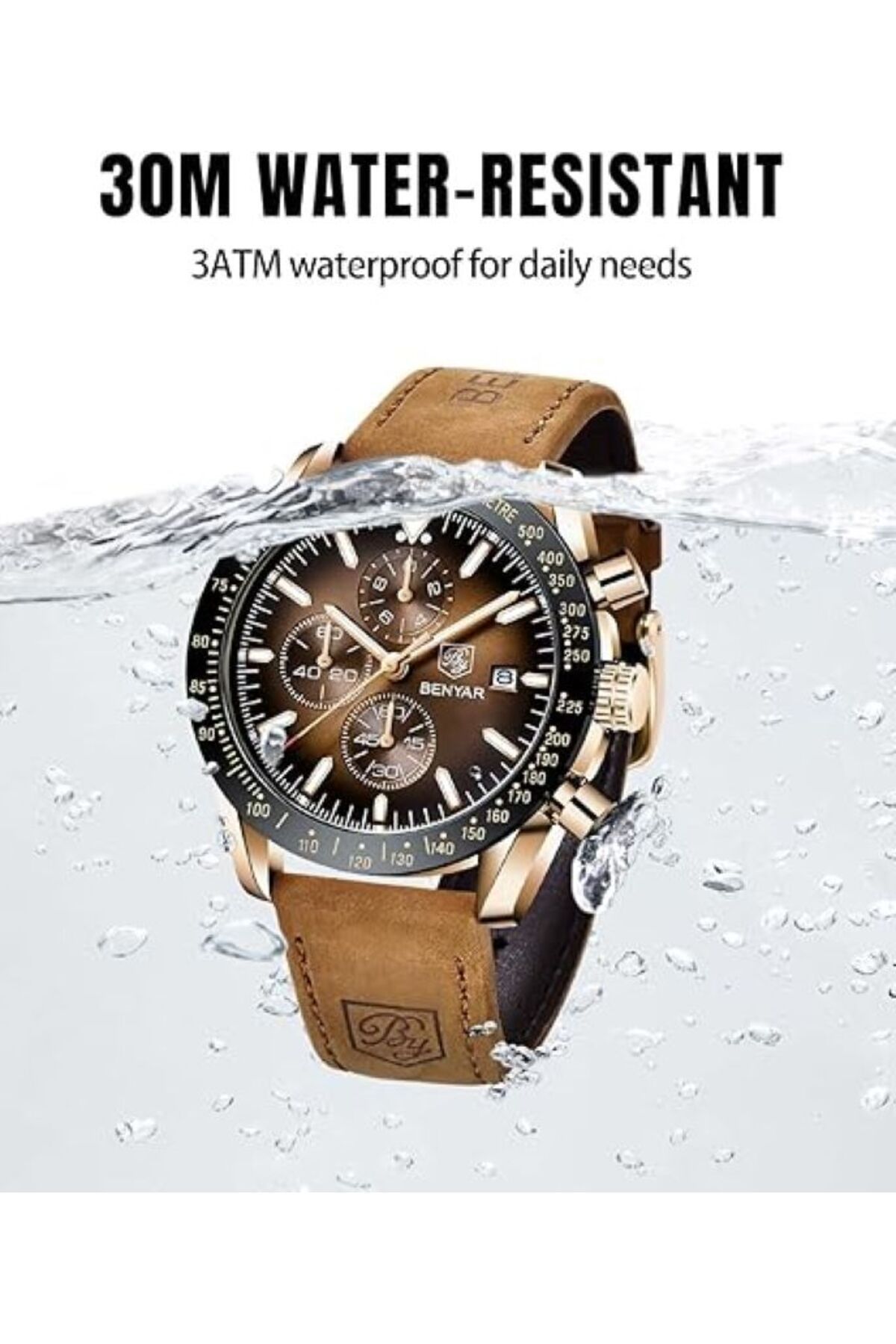 Benyar Men s Analog Quartz Chronograph Watch Genuine Leather Premium Quality 30M Waterproof