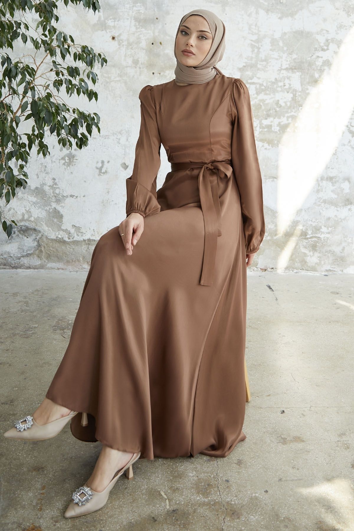 InStyle-Belted Balloon Sleeve Satin Dress - Camel 1