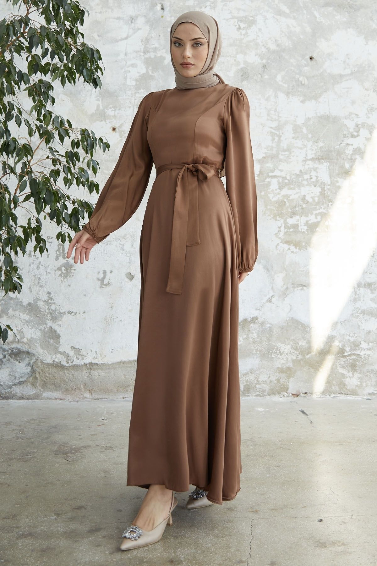 InStyle-Belted Balloon Sleeve Satin Dress - Camel 4