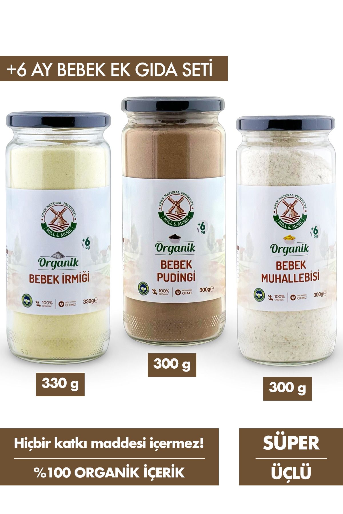 Mill & More Only Natural Products Süper Set - Organik Bebek İrmiği 330g Organik Bebek Pudingi 300g Organik Bebek Muhallebisi 300g