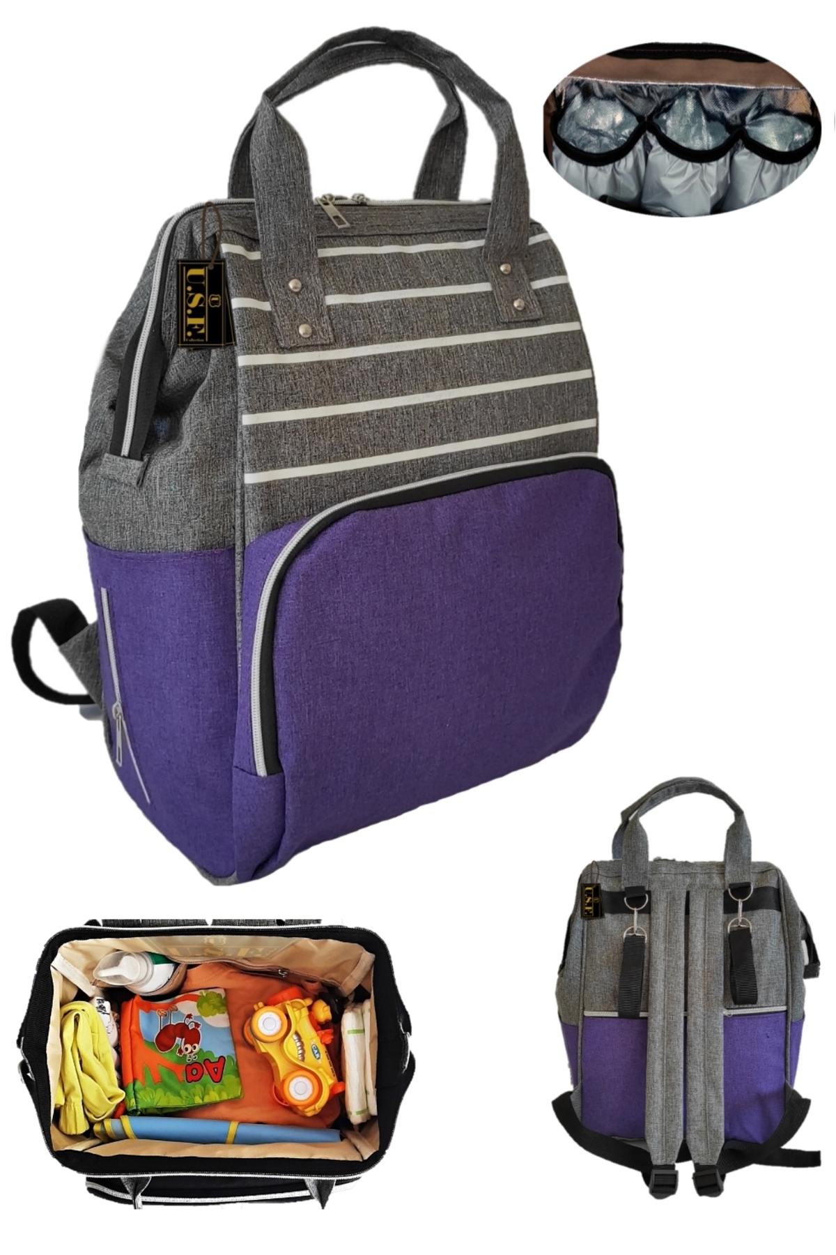 USF Portbebe Ana Kucağı Puset Bebek Taşıma Anne Bebek Bakım Çantası Ikili Set Çizgili Gri-mor fotoğrafı 2 (önizleme)