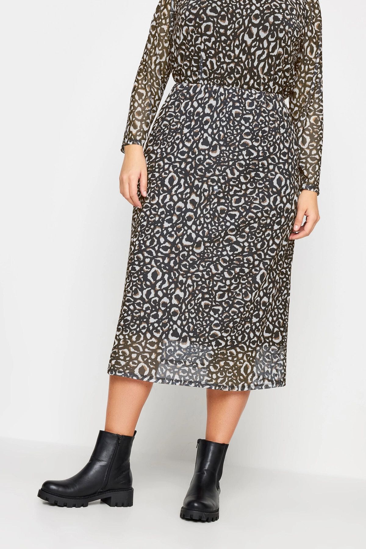 Stil Diva-Plus Size Leopard Patterned Midi Length Lined Skirt302699 4