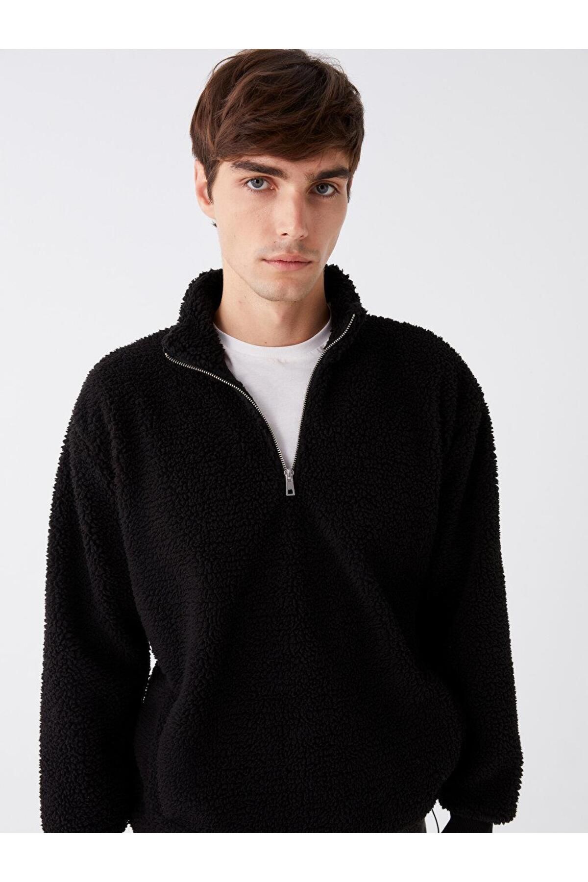 LC Waikiki-LCW Casual Stand Collar Long Sleeve Plush Men's Zippered Sweatshirt 2