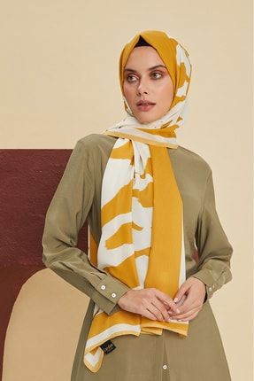 Kadın Sarı Beyaz Desenli Medine Şal 190x80 cm 20205