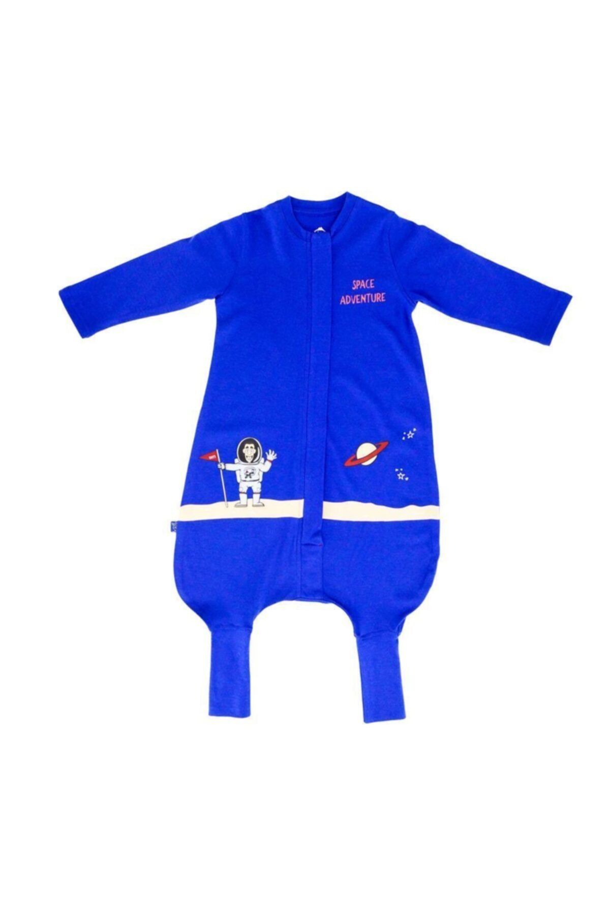 Woolnat Unisex Bebek Saks Mavisi Uzay Baskili Uzun Kollu Merino Yun Tek Katli Uyku Tulumu Trendyol