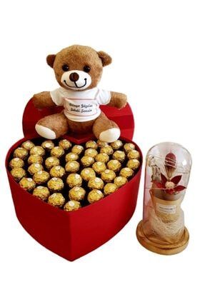 Sevgiliye Hediye, Rocher Çikolata Kalp Kutu Işıklı Gül Fanus Aşık Pelüş Ayıcık HAN-AŞKI-1017